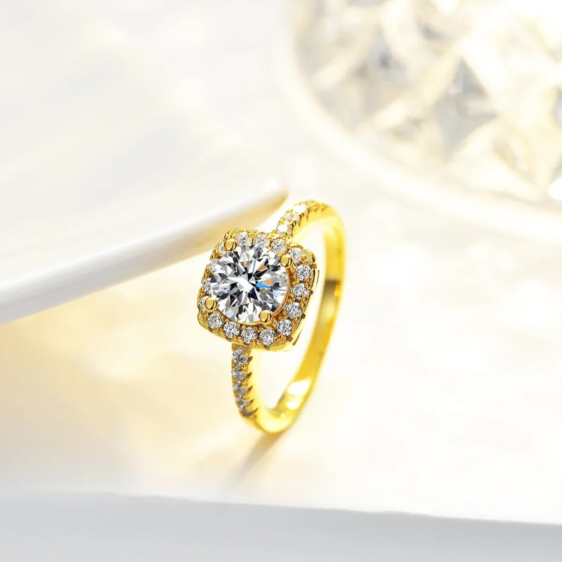 Stylish White Moissanite Square-Shaped Golden Ring in 925 Silver